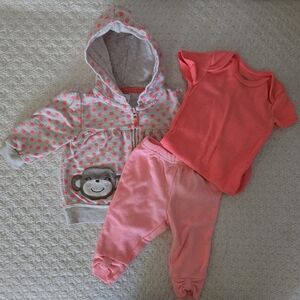 Carters 3 Piece Coral Polka Dot Monkey Baby Girl Outfit 3 months